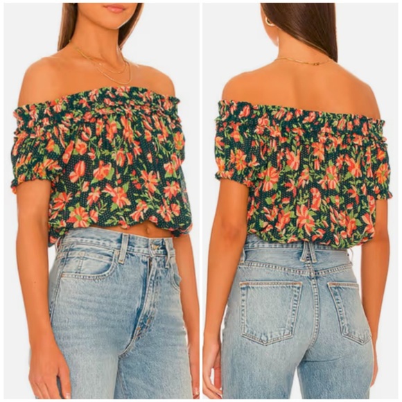 Free People FP One Suki Boho Floral Printed Blouse Top Off The Shoulder Smocked - Picture 1 of 12